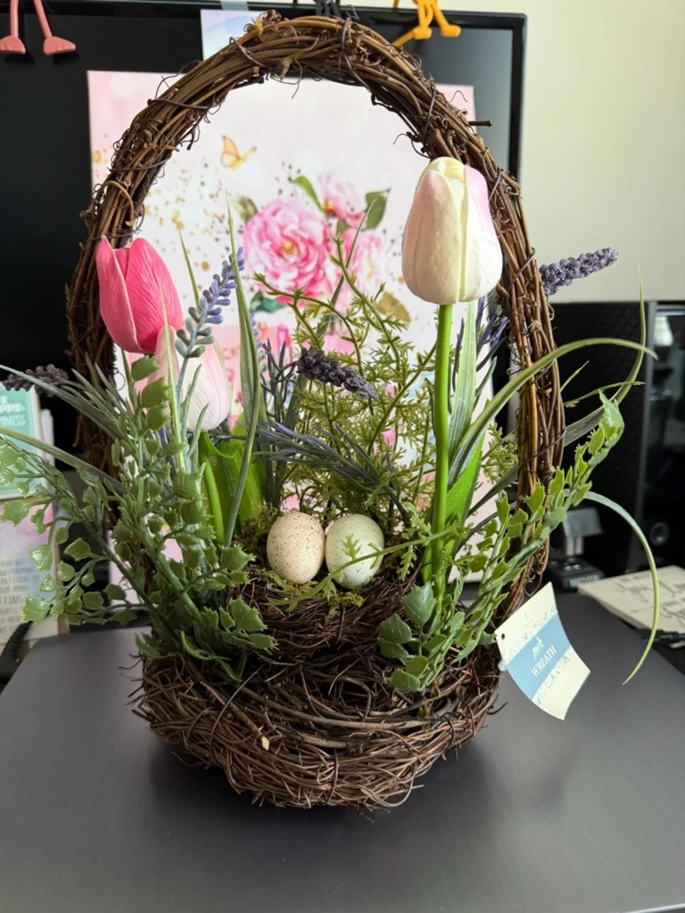 Spring Tulip and Lavender Basket Arrangement - Pink/Cream